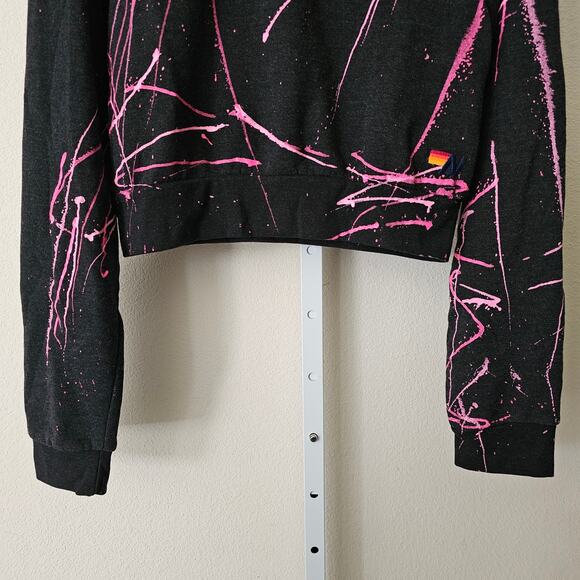 AVIATOR NATION NWT Artist Collection Pink Splatter Paint Cropped Sweatshirt Sz L - Picture 5 of 16